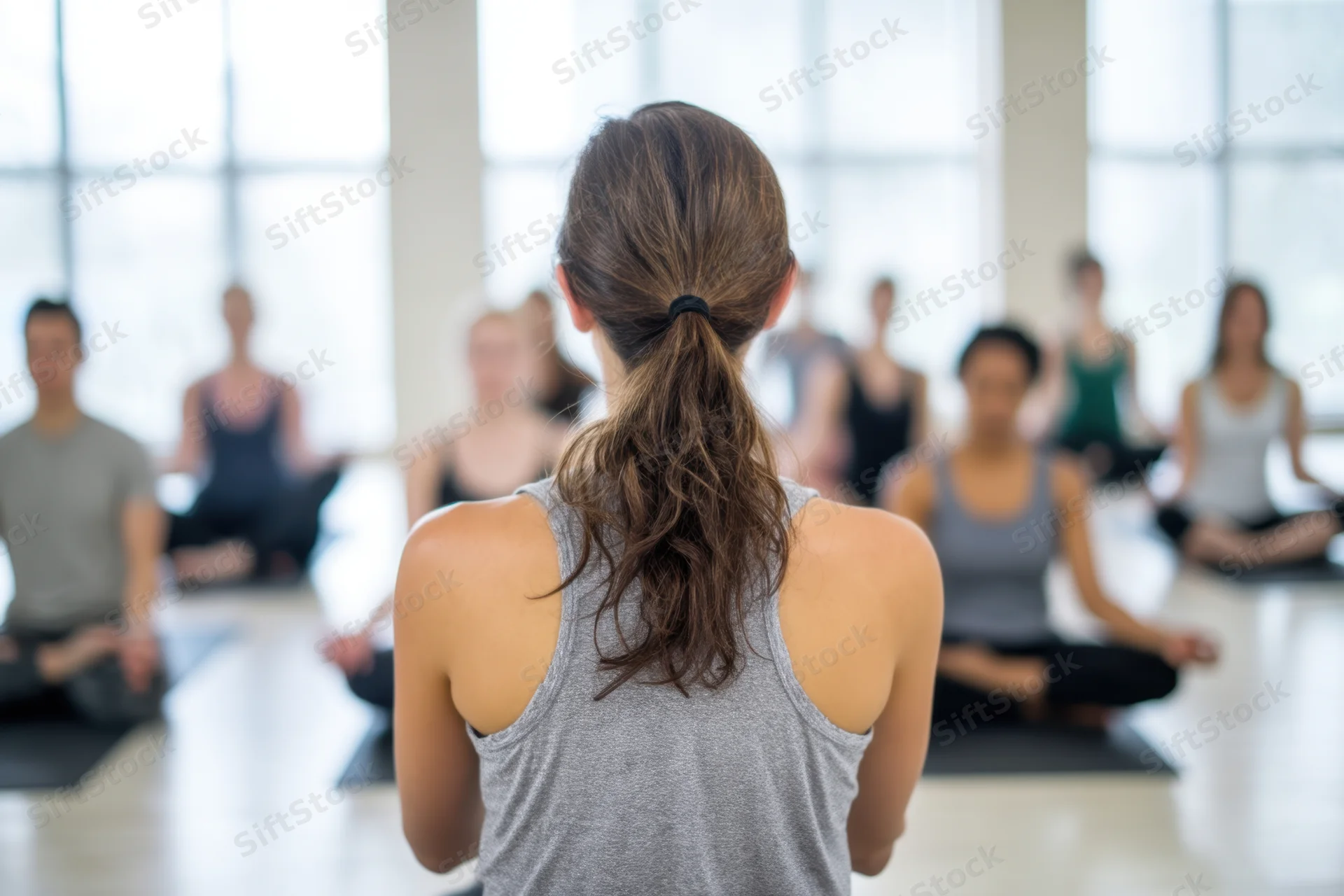 Woman instructor leading yoga class in studio with group seated on mats