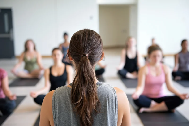 Woman with ponytail leading yoga class in studio, back to camera, group seated in lotus pose on mats