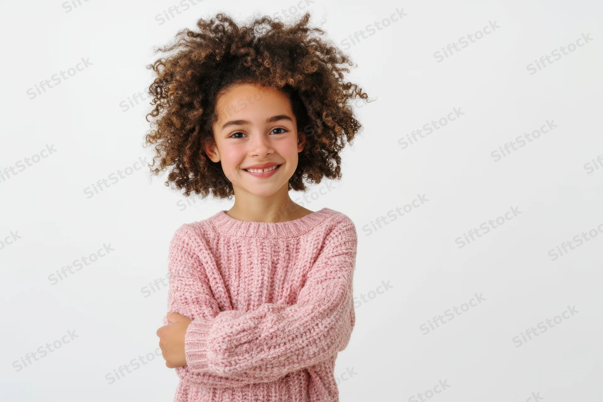 Young girl with curly hair smiling in a pink knit sweater against white background