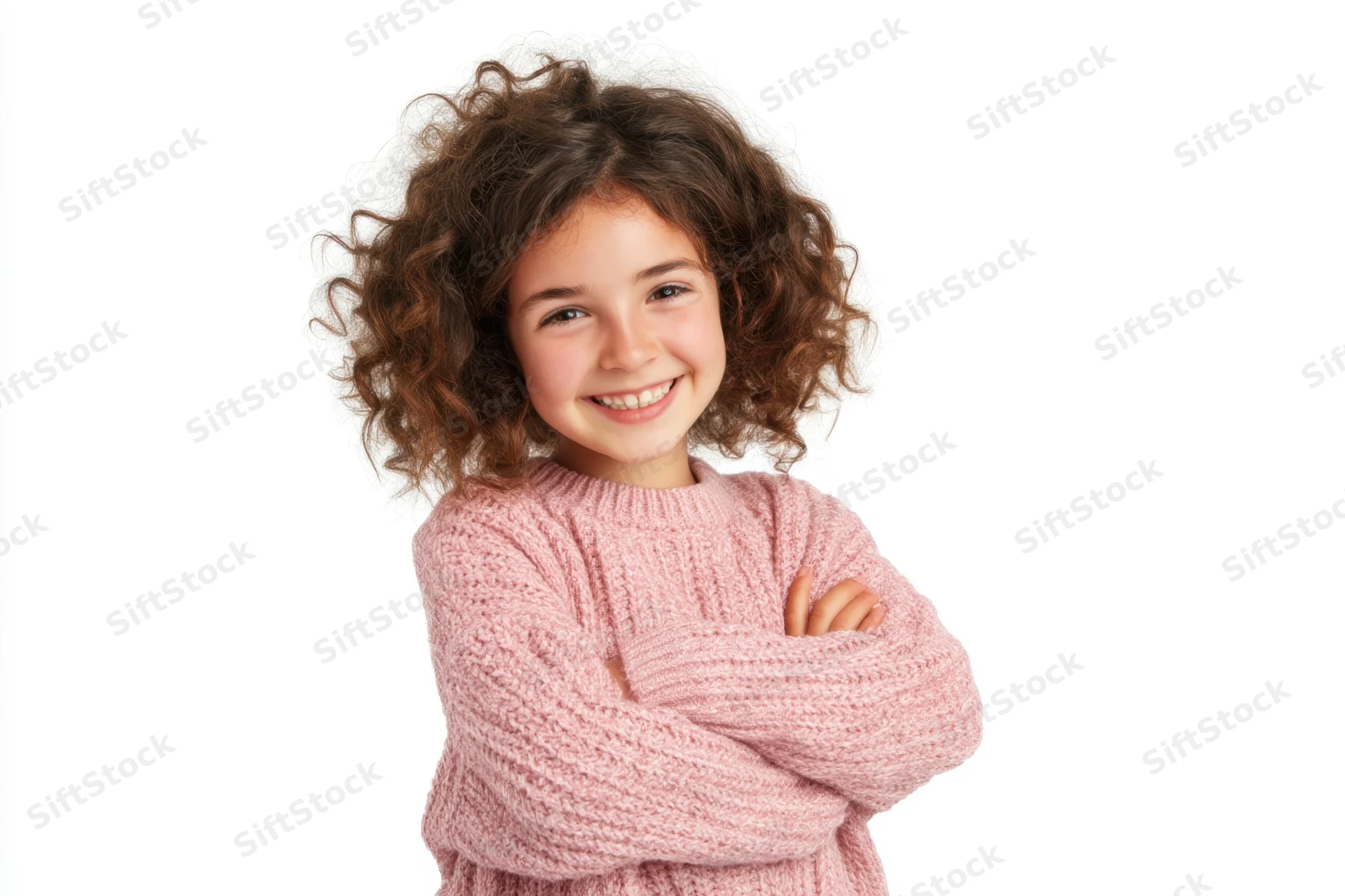 Young girl with curly hair smiling in a pink knit sweater with arms crossed against white background