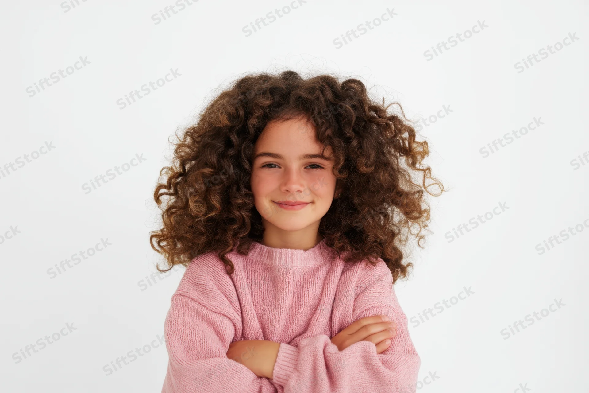 Young girl with curly hair smiling in a pink sweater with arms crossed against white background