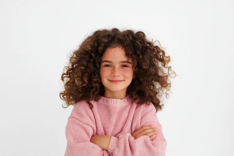 Young girl with curly hair smiling in a pink sweater with arms crossed against white background