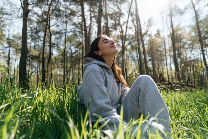 Young woman sitting in grassy forest clearing with eyes closed, basking in sunlight