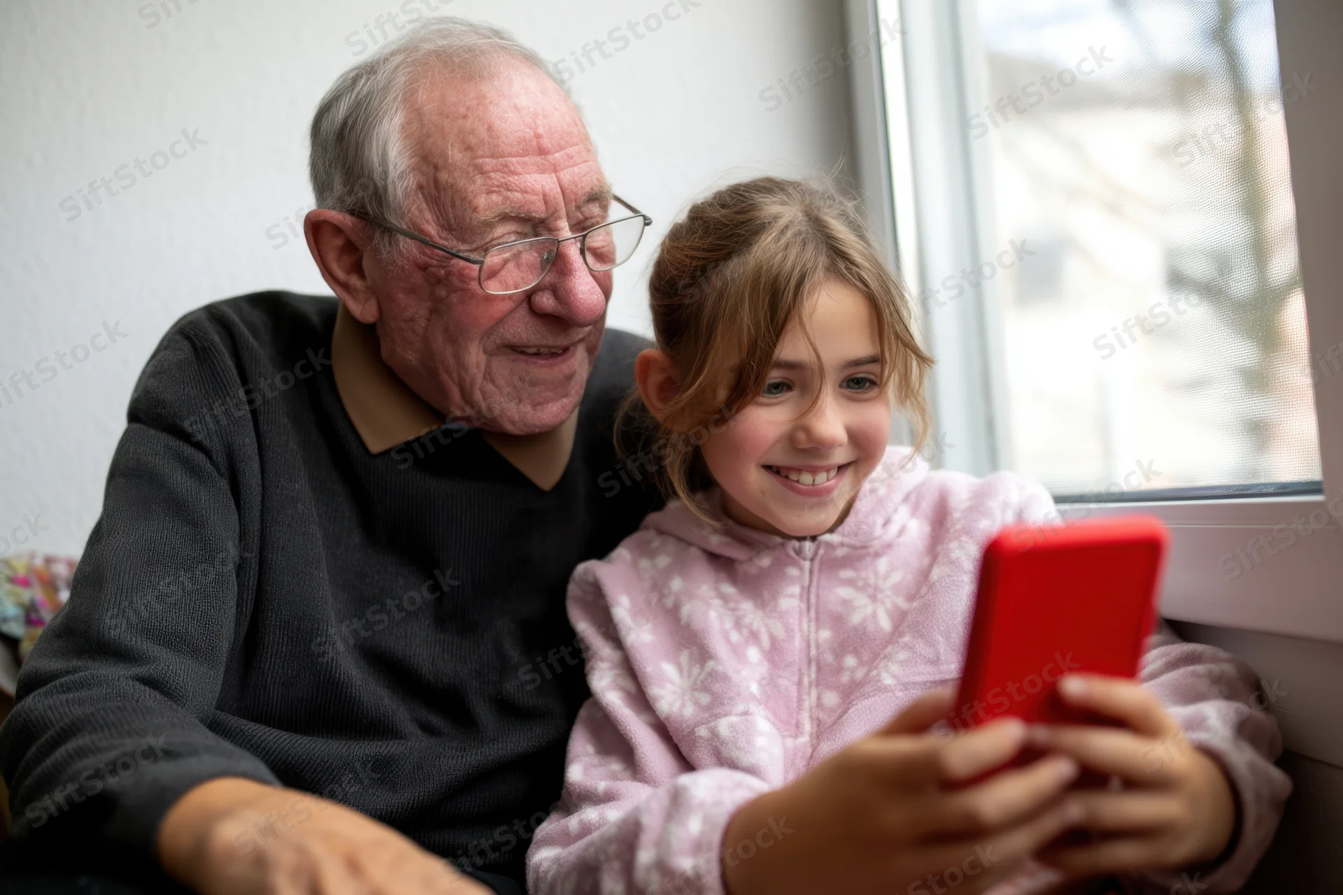 Grandfather and granddaughter smiling while looking at a smartphone together by a window