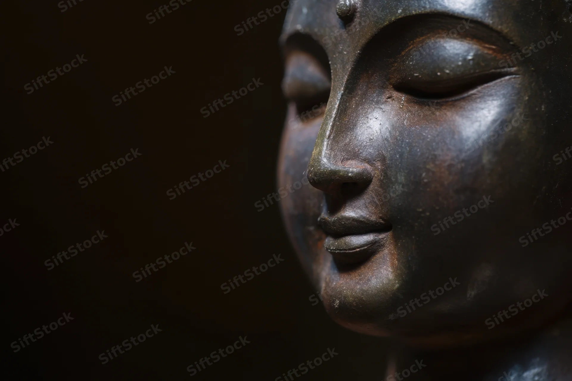 Close-up profile of a serene buddha statue head with closed eyes in shadowed lighting