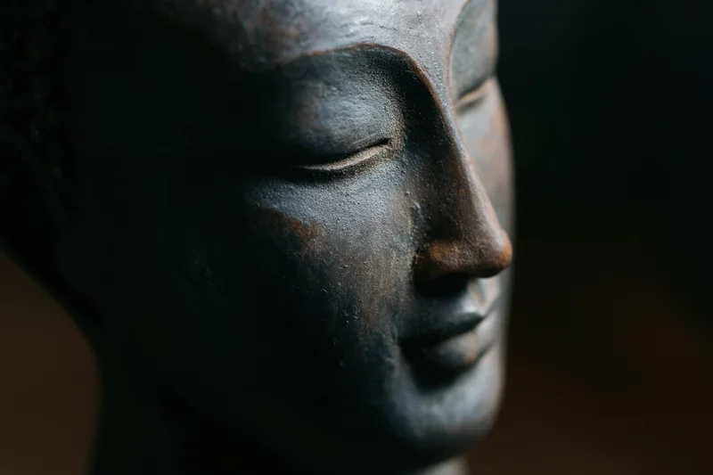 Close-up profile of a dark metallic buddha statue head with closed eyes in serene expression
