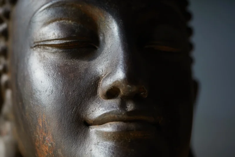 Close-up of a serene buddha statue head with closed eyes and metallic surface