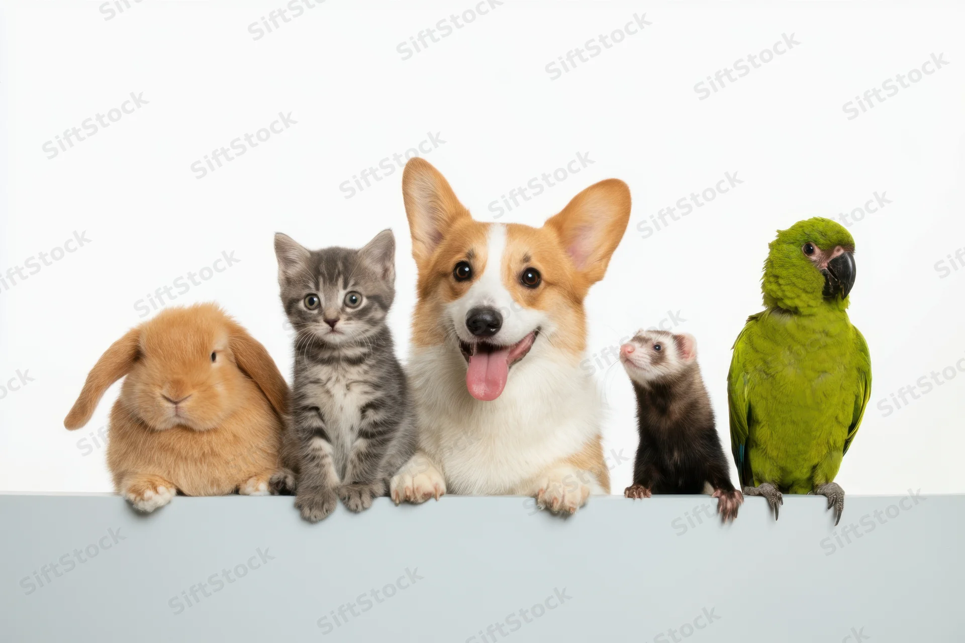 Lineup of pets including corgi, kitten, rabbit, ferret, and parrot peeking over a ledge in studio setting