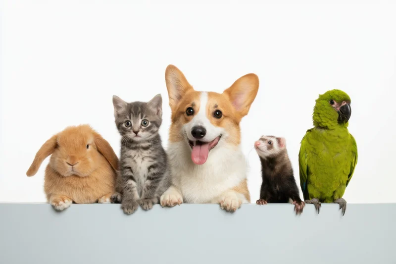Lineup of pets including corgi, kitten, rabbit, ferret, and parrot peeking over a ledge in studio setting