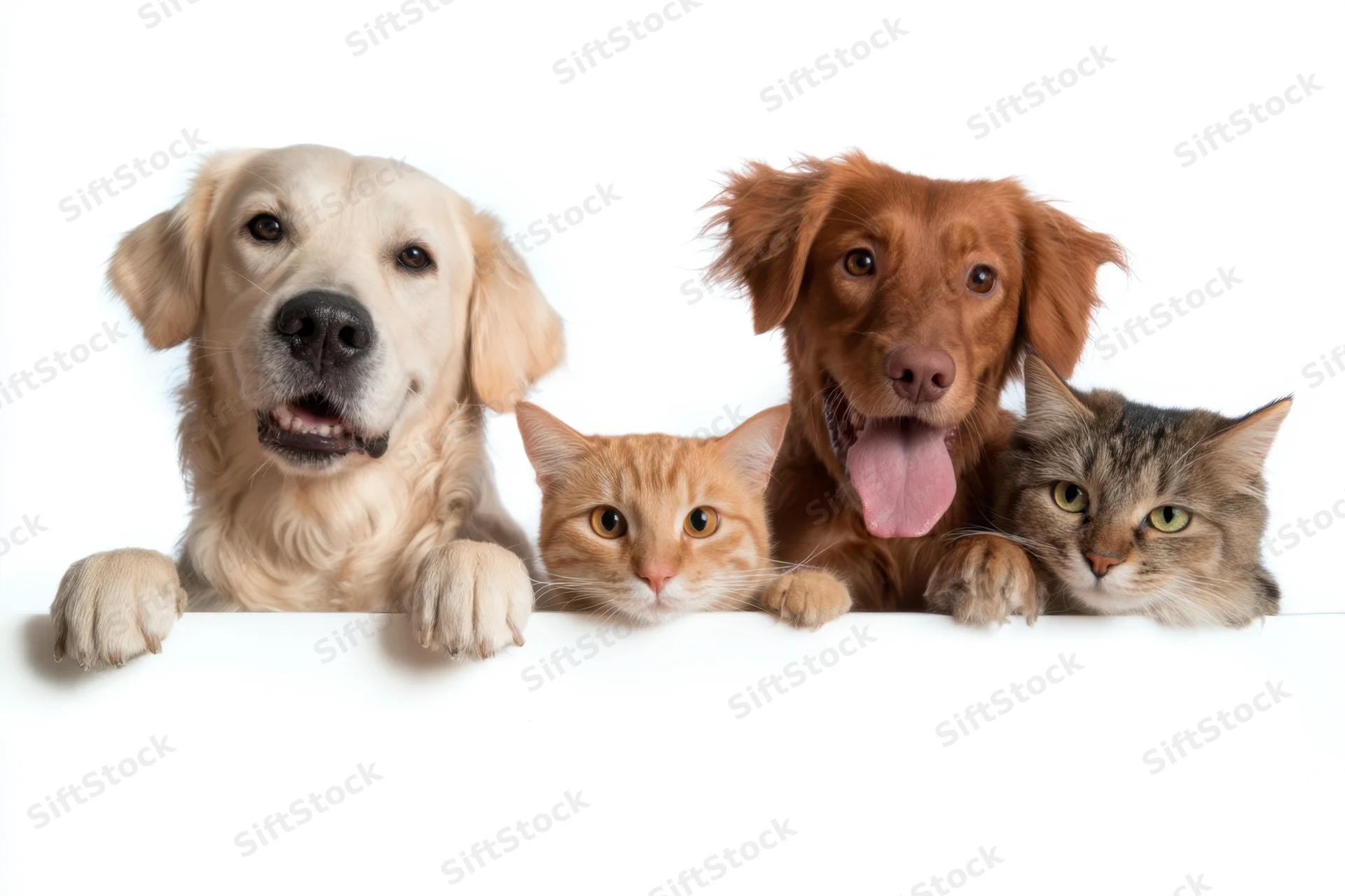 Two dogs and two cats peeking over a white surface with paws and faces visible