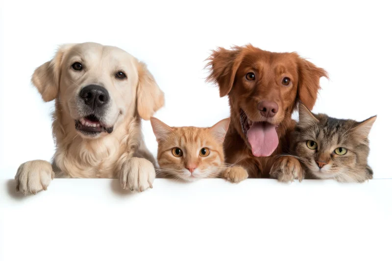Two dogs and two cats peeking over a white surface with paws and faces visible
