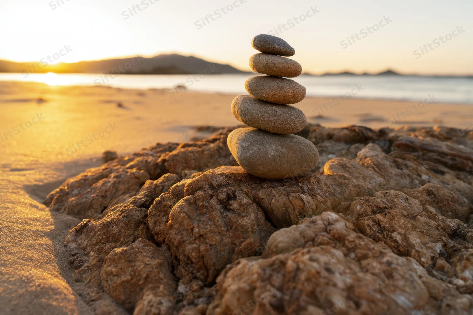 Balanced stack of smooth stones on rugged beach at sunset
