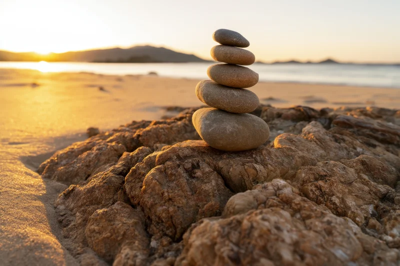 Balanced stack of smooth stones on rugged beach at sunset
