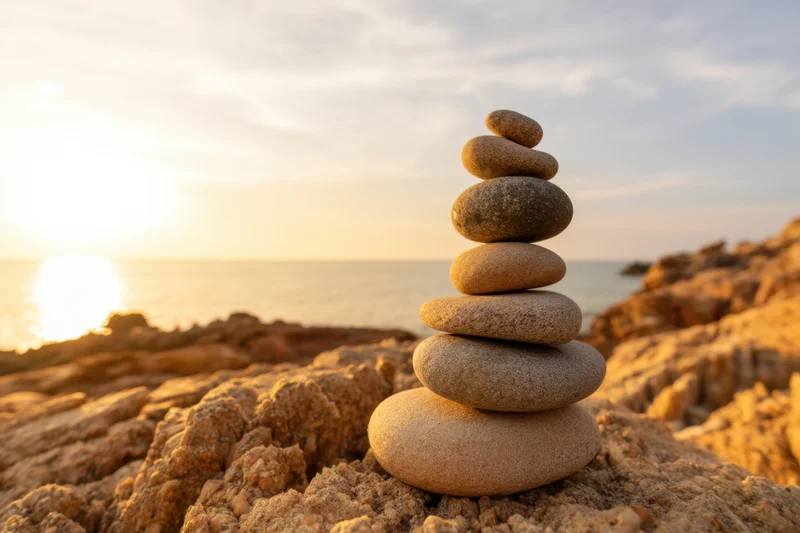 Balanced stack of smooth stones on rugged beach at sunset