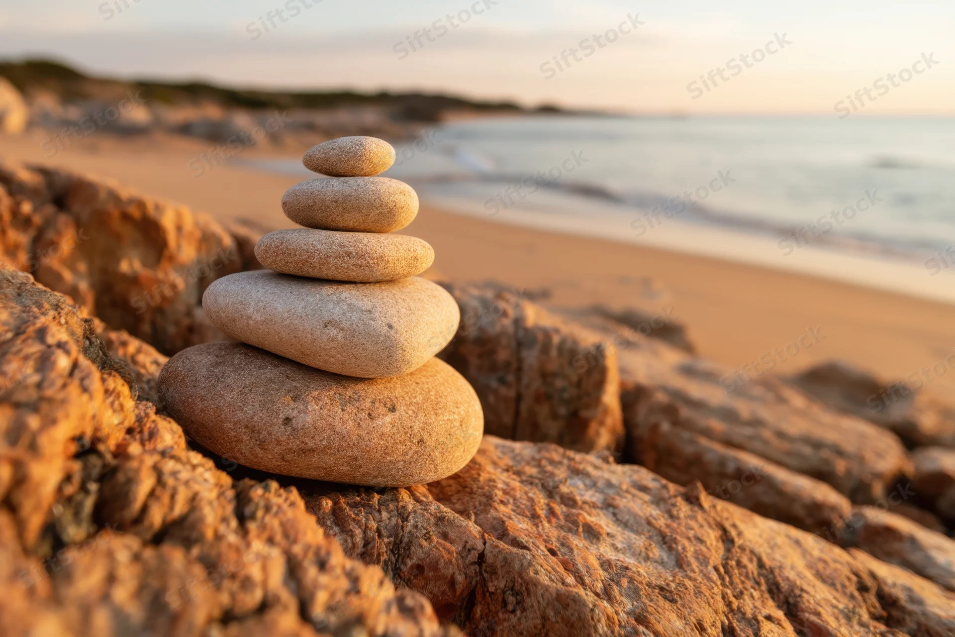Balanced stack of smooth stones on rugged beach at sunset
