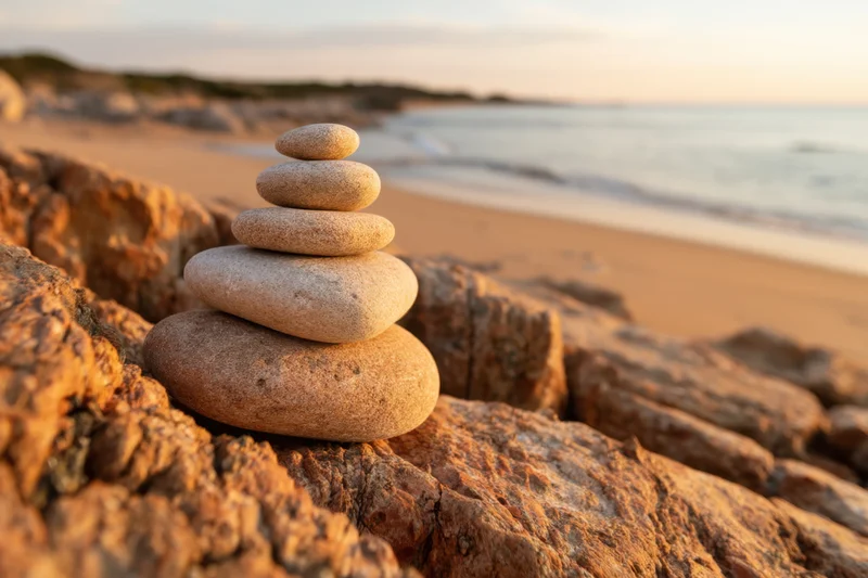 Balanced stack of smooth stones on rugged beach at sunset