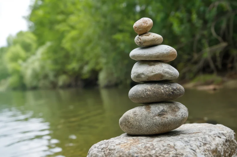 Balanced stack of smooth stones on a rock by a river with green trees in the background