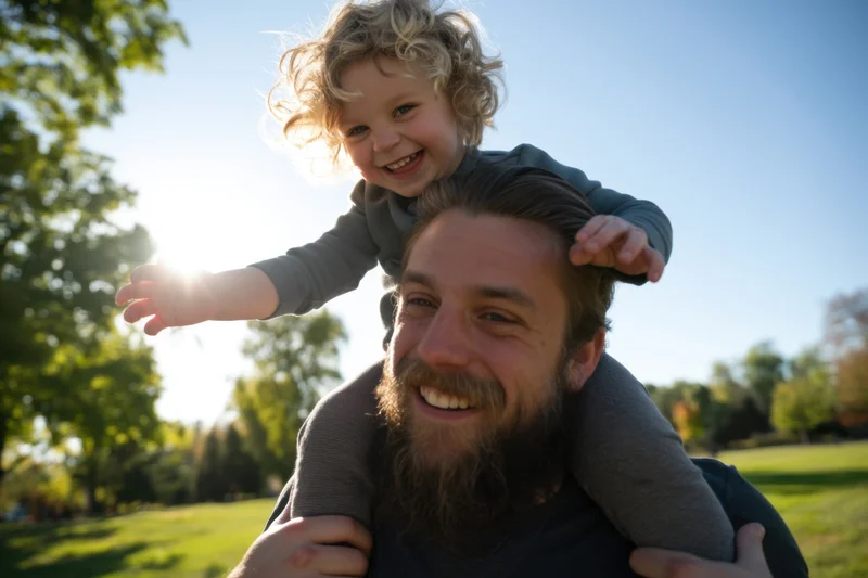 Bearded man carrying smiling child on shoulders in a sunlit park