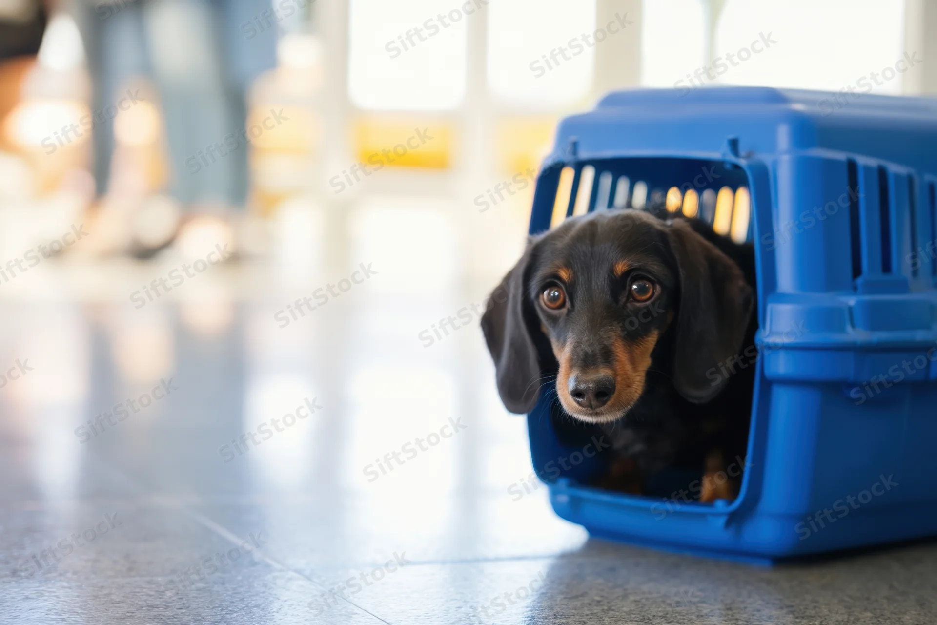Black and tan dachshund peeking out of blue pet carrier on tiled floor indoors
