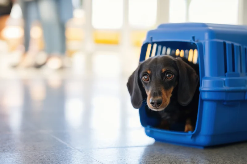 Black and tan dachshund peeking out of blue pet carrier on tiled floor indoors