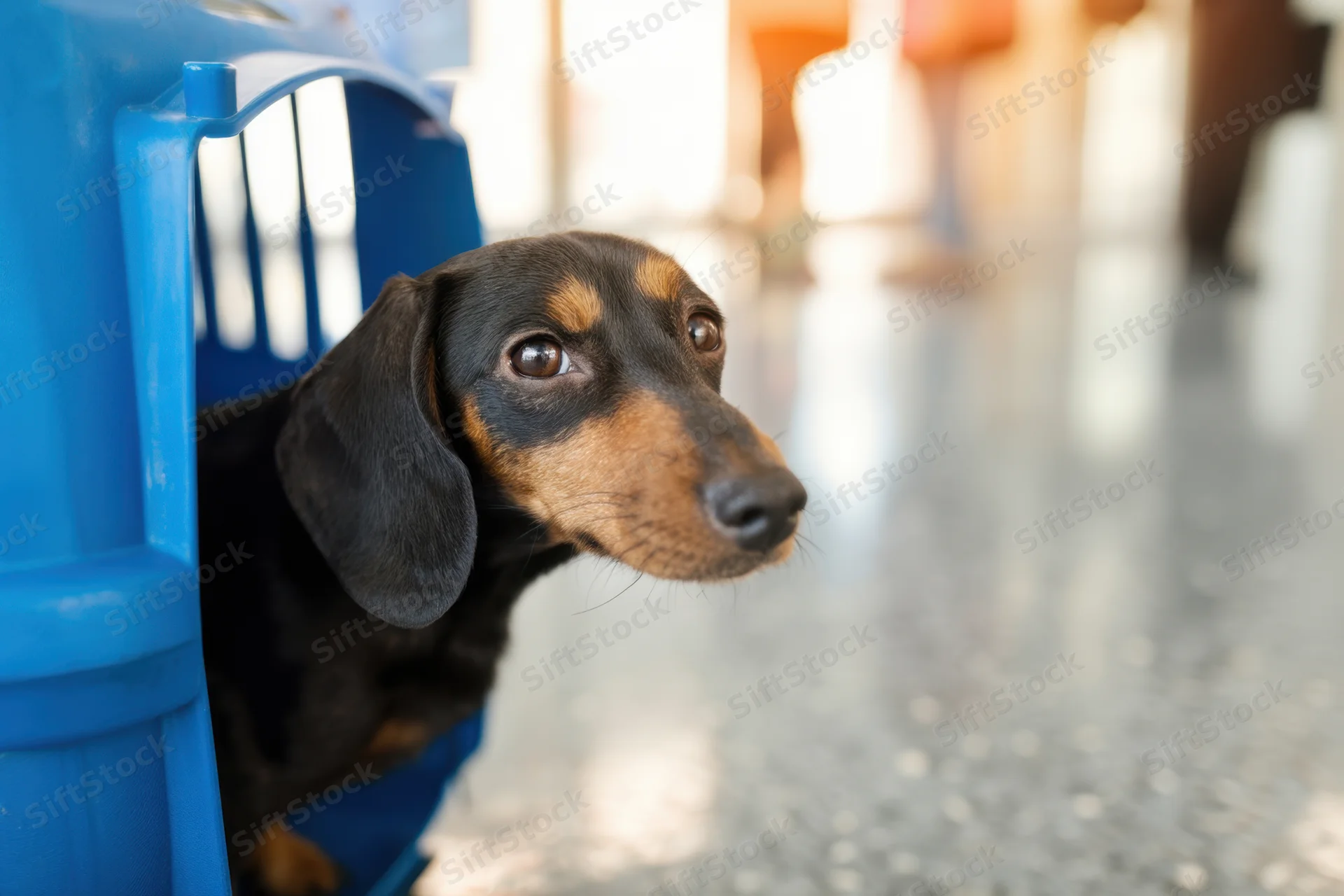 Black and tan dachshund peering out from blue pet carrier on shiny floor
