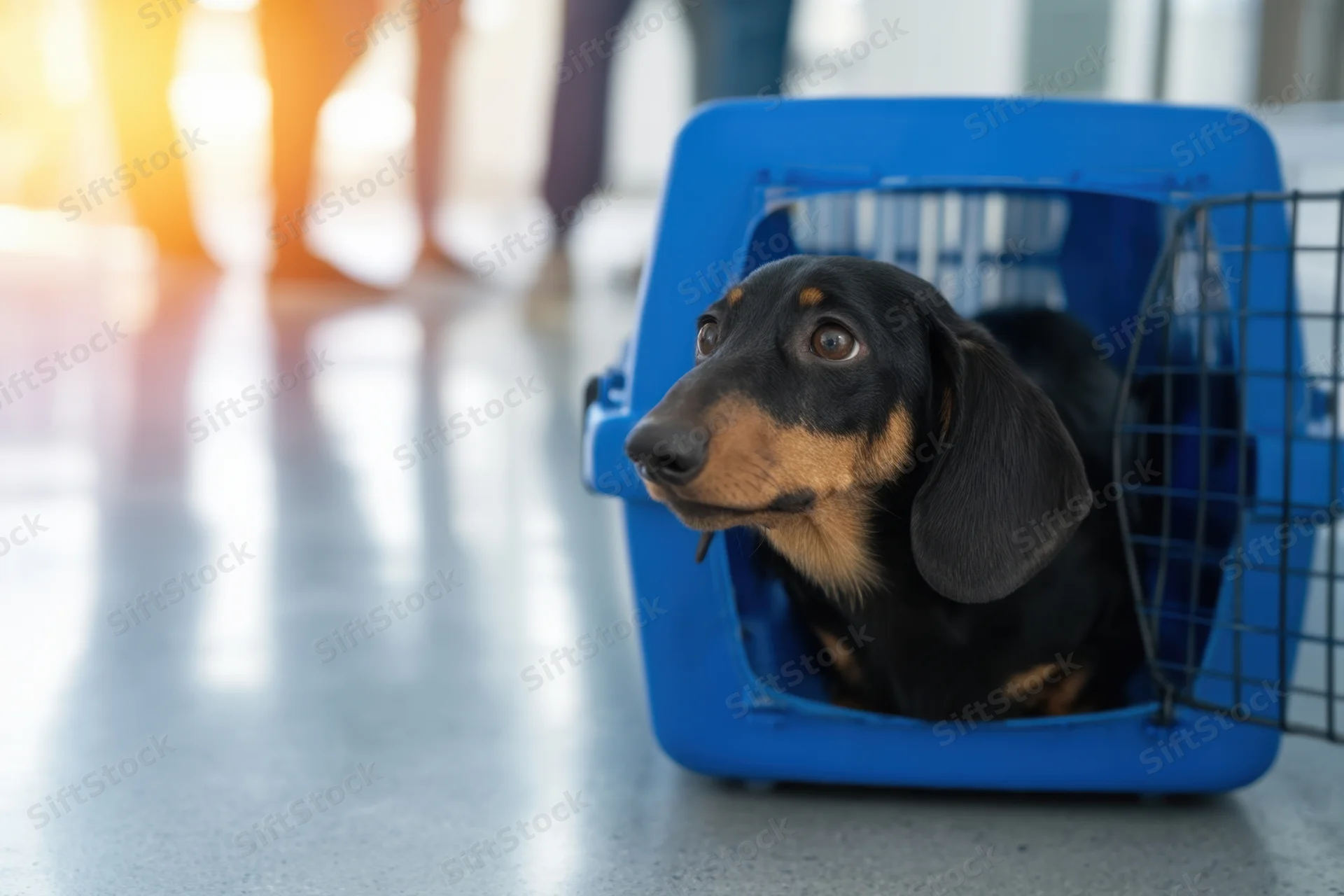 Black and tan dachshund peering out from blue pet carrier in veterinary clinic waiting area