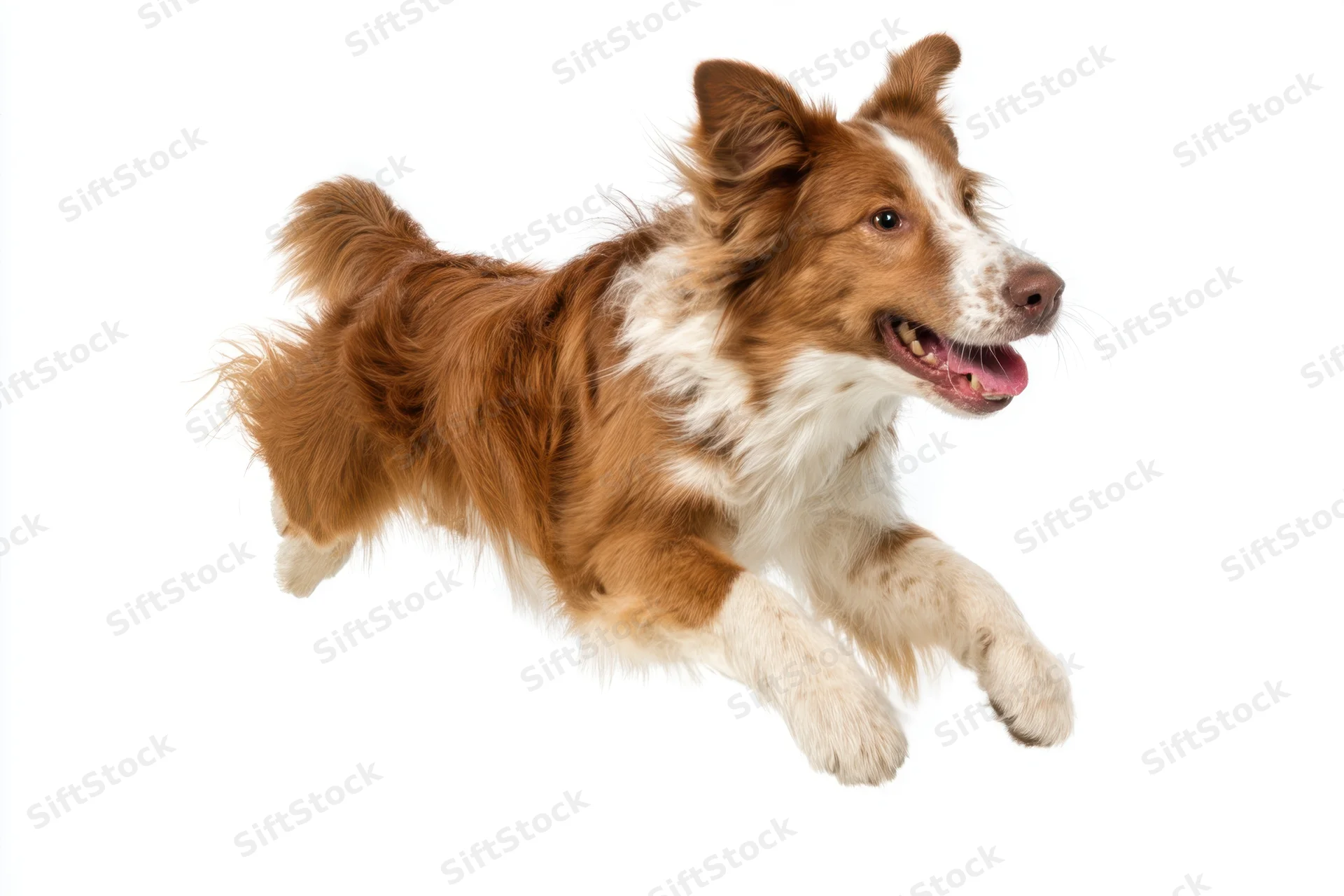 Brown and white border collie mid-leap in studio against white background