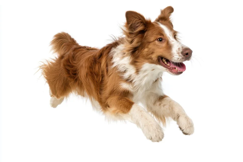 Brown and white border collie mid-leap in studio against white background