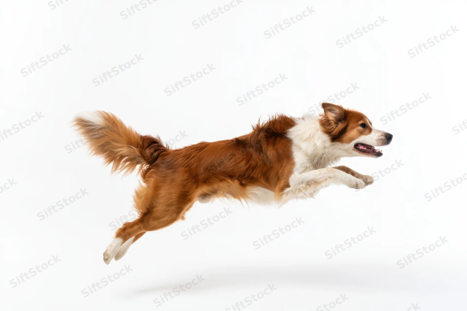Brown and white border collie mid-leap in studio against white background