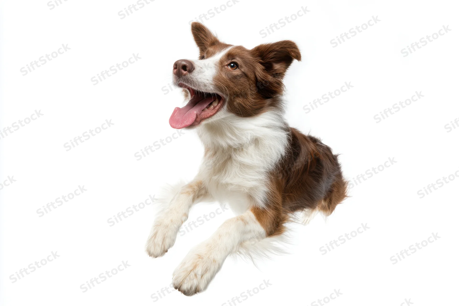 Brown and white border collie mid-leap with tongue out on white studio background