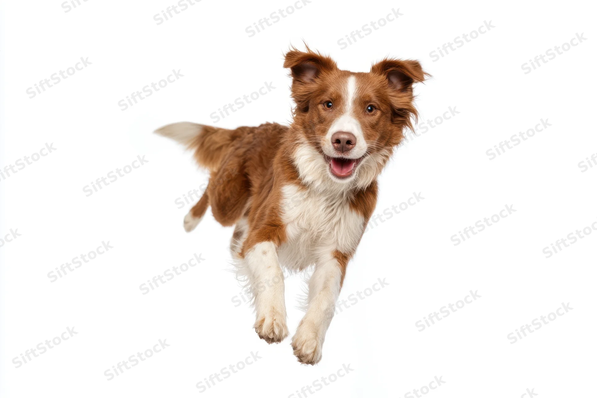 Brown and white border collie mid-leap in studio with white background