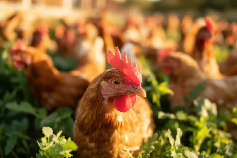 Brown hen with red comb standing among green foliage in a farm field during golden hour