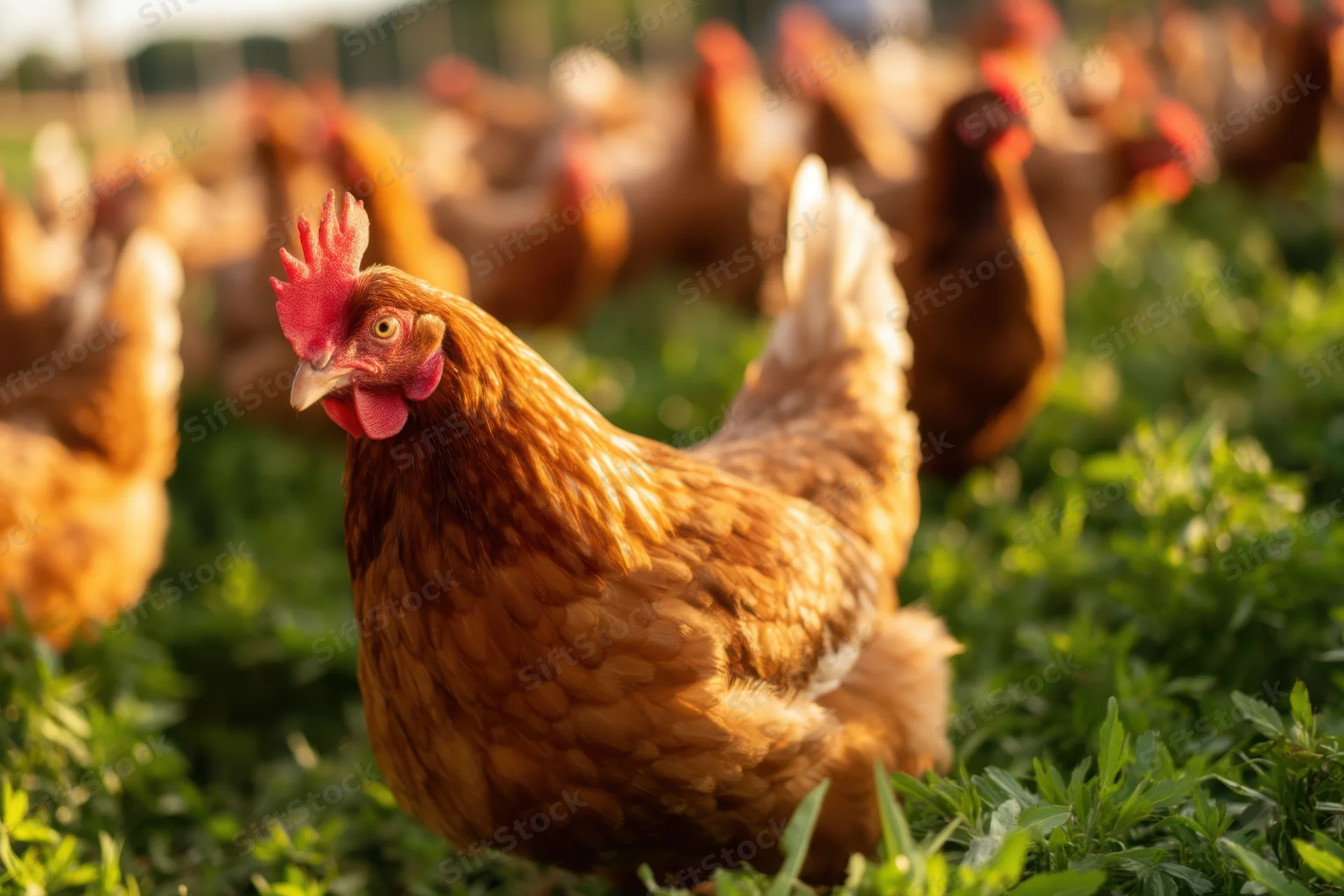 Brown hen standing in grass with flock in background on farm