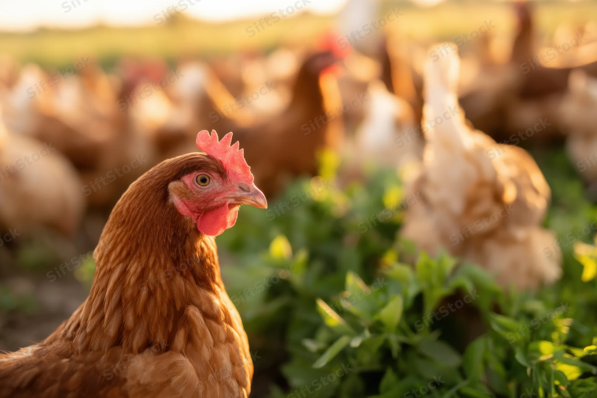 Brown hen with red comb standing among green grass and other chickens in a farm field