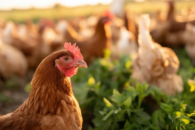 Brown hen with red comb standing among green grass and other chickens in a farm field