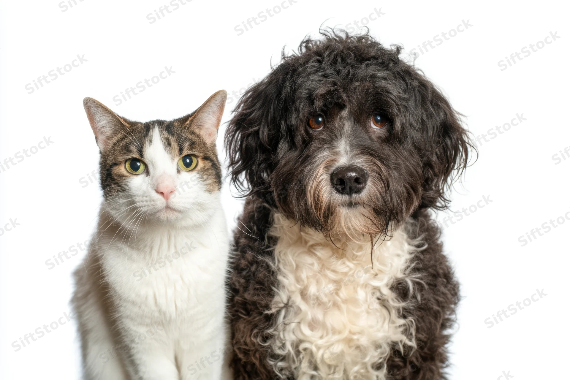 Cat and fluffy black-and-white dog sitting side by side in studio portrait