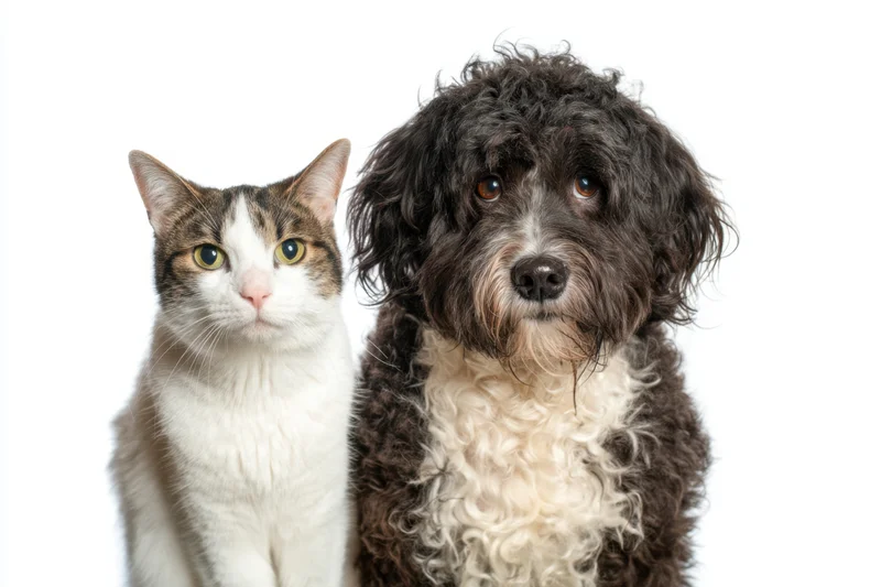 Cat and fluffy black-and-white dog sitting side by side in studio portrait