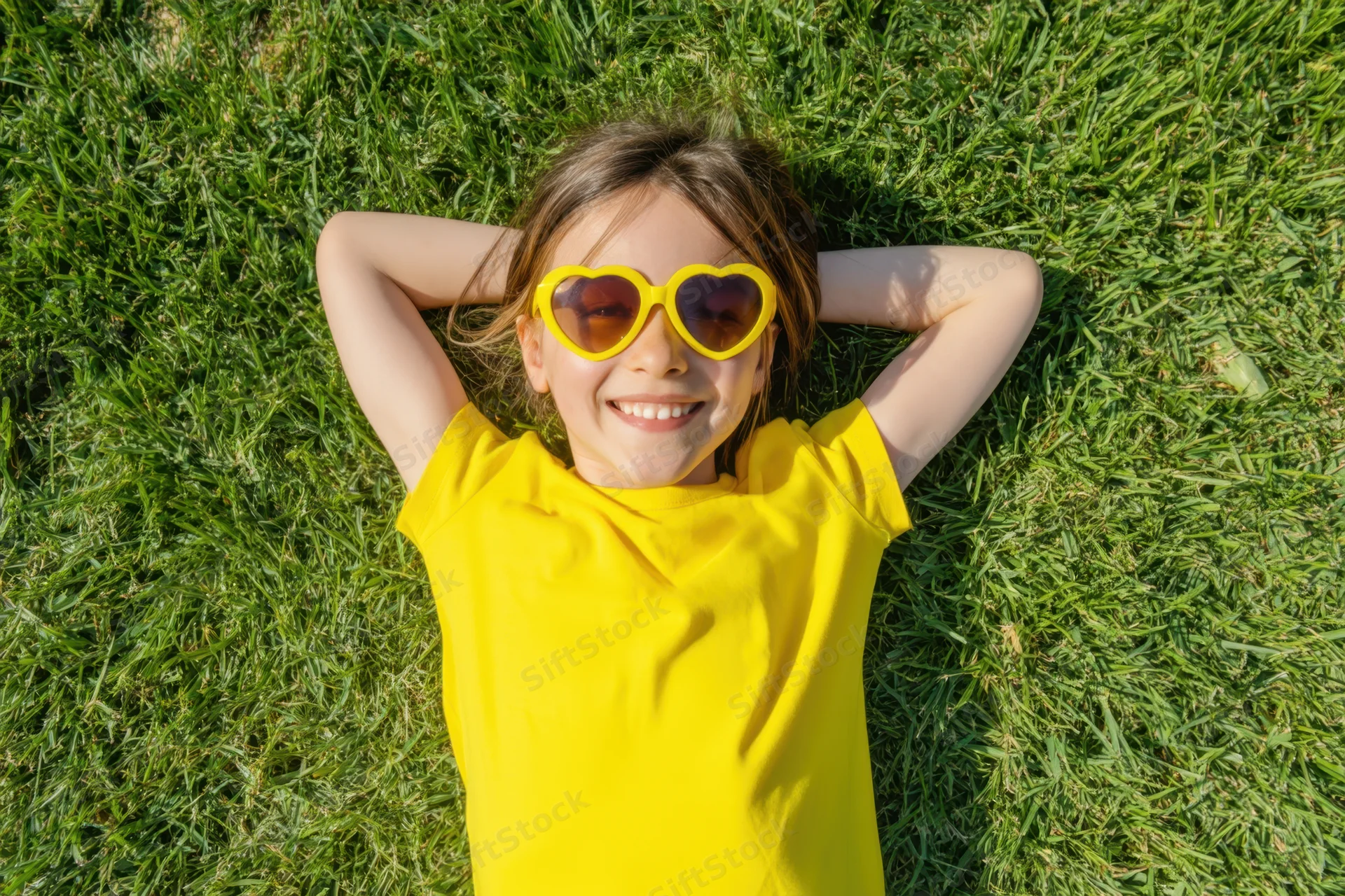Young girl smiling while lying on green grass with hands behind head wearing yellow heart-shaped sunglasses and yellow tshirt