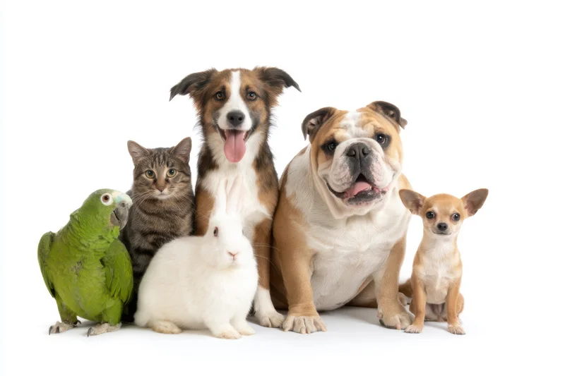 Group of pets including dogs, cat, parrot and rabbit posing together in studio