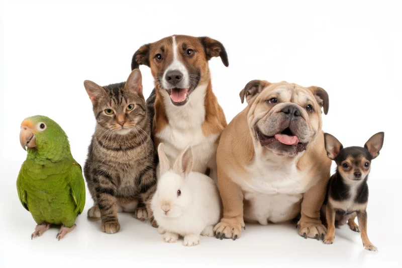 Group of pets including dogs, cat, parrot and rabbit sitting together in studio against white background