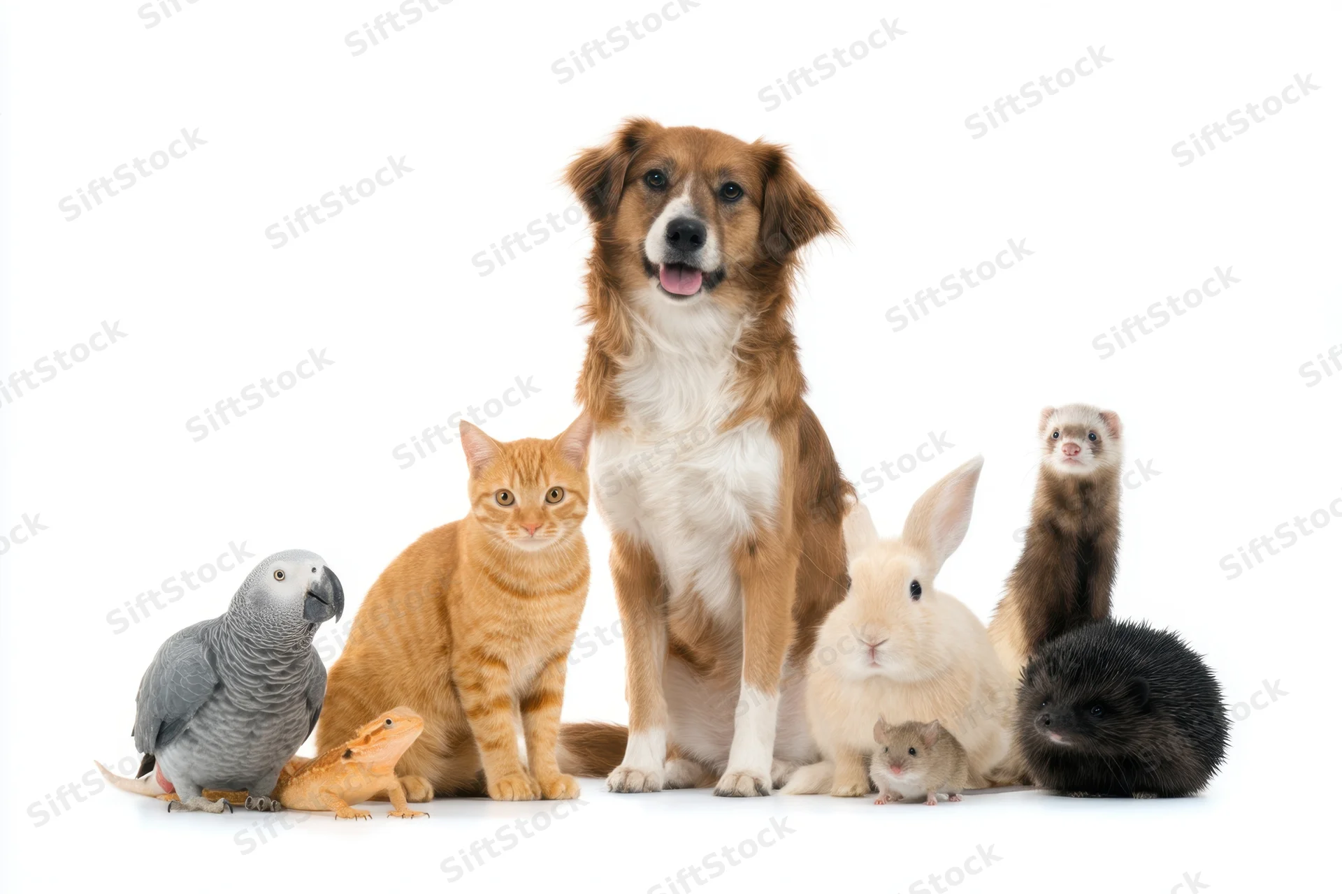 Dog, cat, parrot, rabbit, ferret, hedgehog, lizard, and mouse posed together in a cheerful lineup on white background