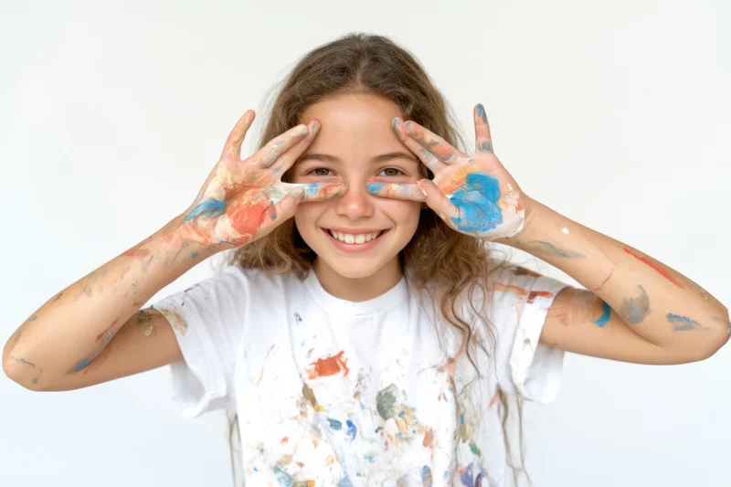 Young girl smiling with paint-covered hands and arms in front of white background