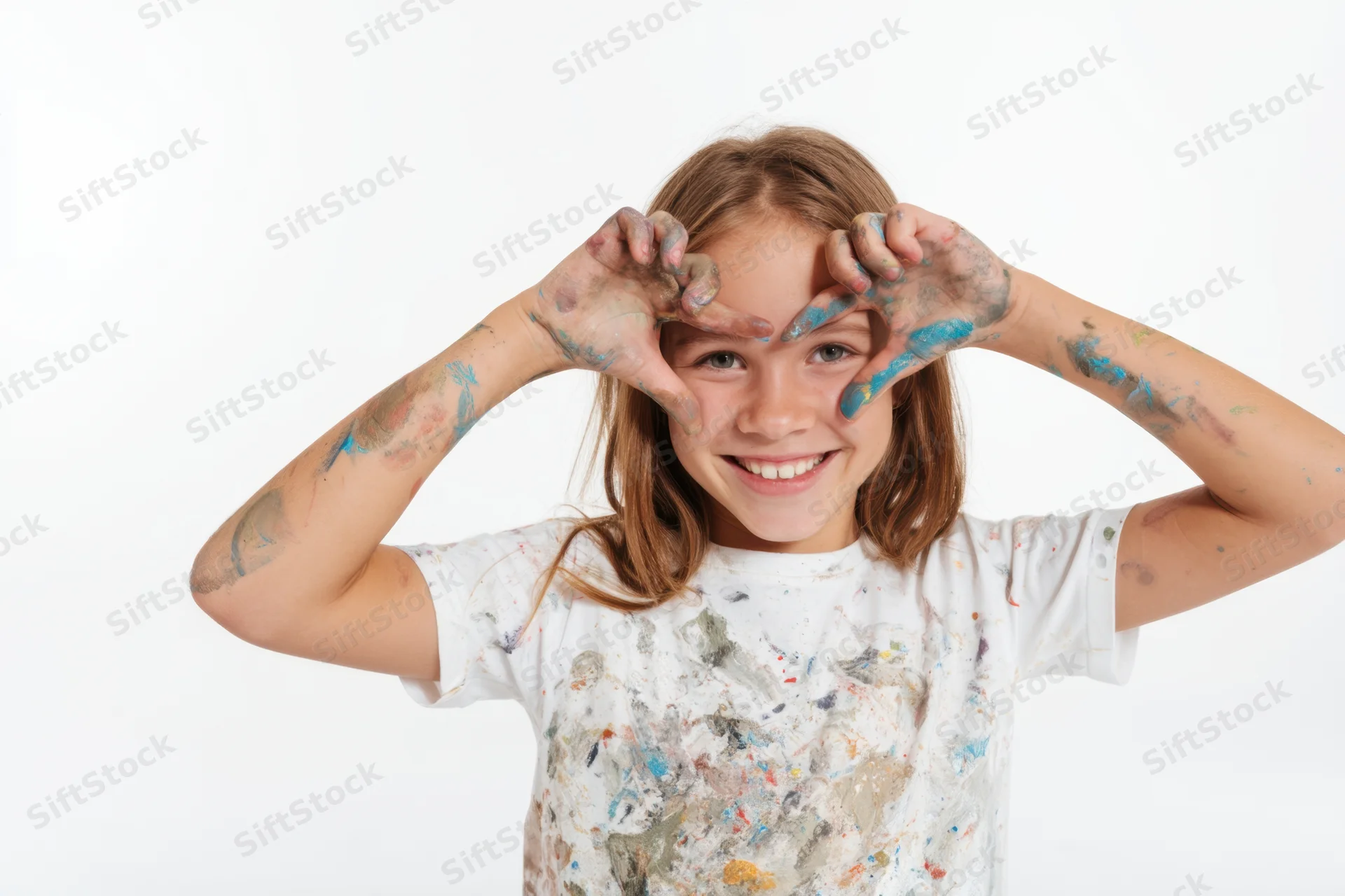 Young girl with paint-covered hands and arms making heart gesture, smiling in white studio