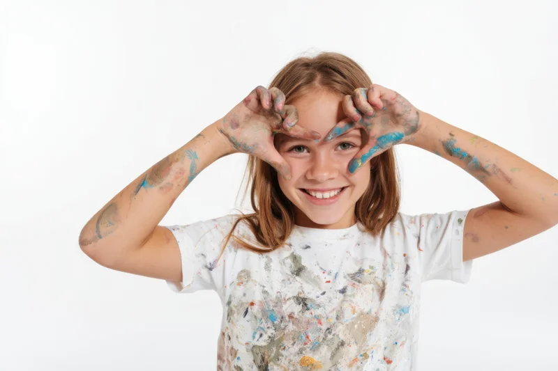 Young girl with paint-covered hands and arms making heart gesture, smiling in white studio