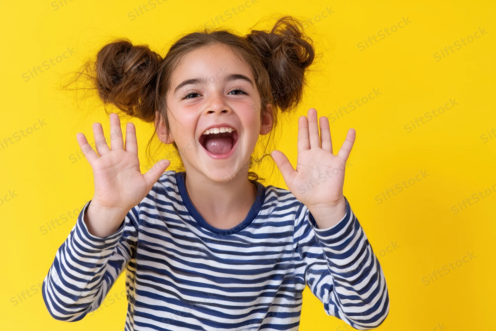 Young girl with pigtails smiling widely and raising hands in front of yellow background