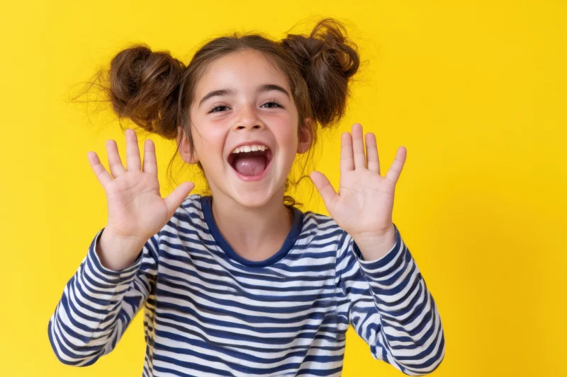 Young girl with pigtails smiling widely and raising hands in front of yellow background