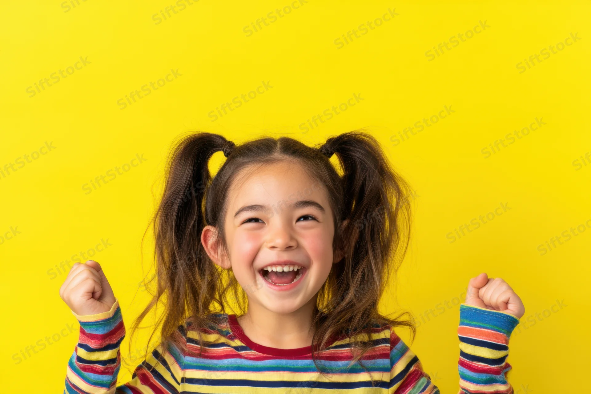 Young girl smiling with fists raised against yellow background