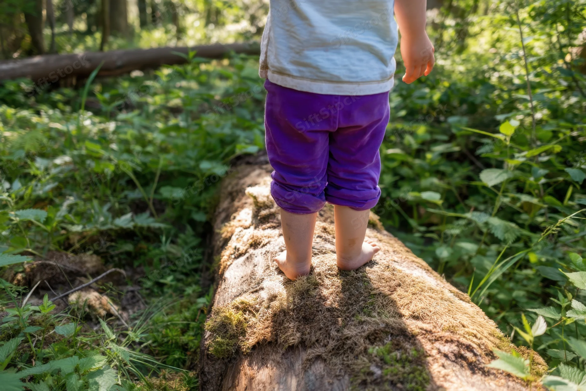 Toddler standing barefoot on a mossy log in a sunlit forest