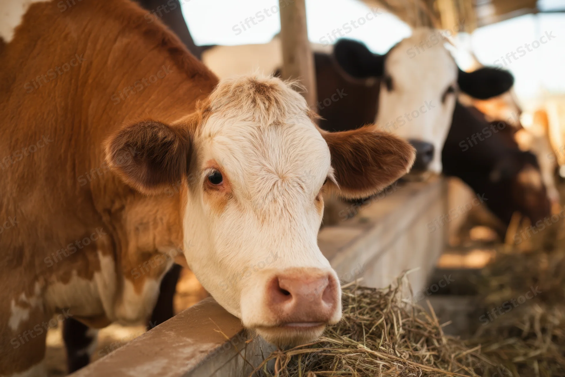 Cow peering over feeding trough in barn with hay and other cattle nearby