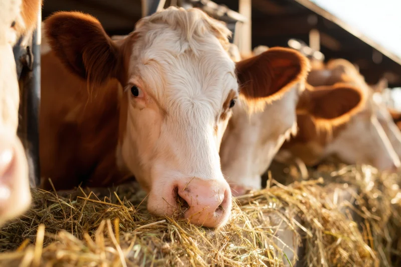 Cow peering over hay in a barn with other cattle feeding nearby